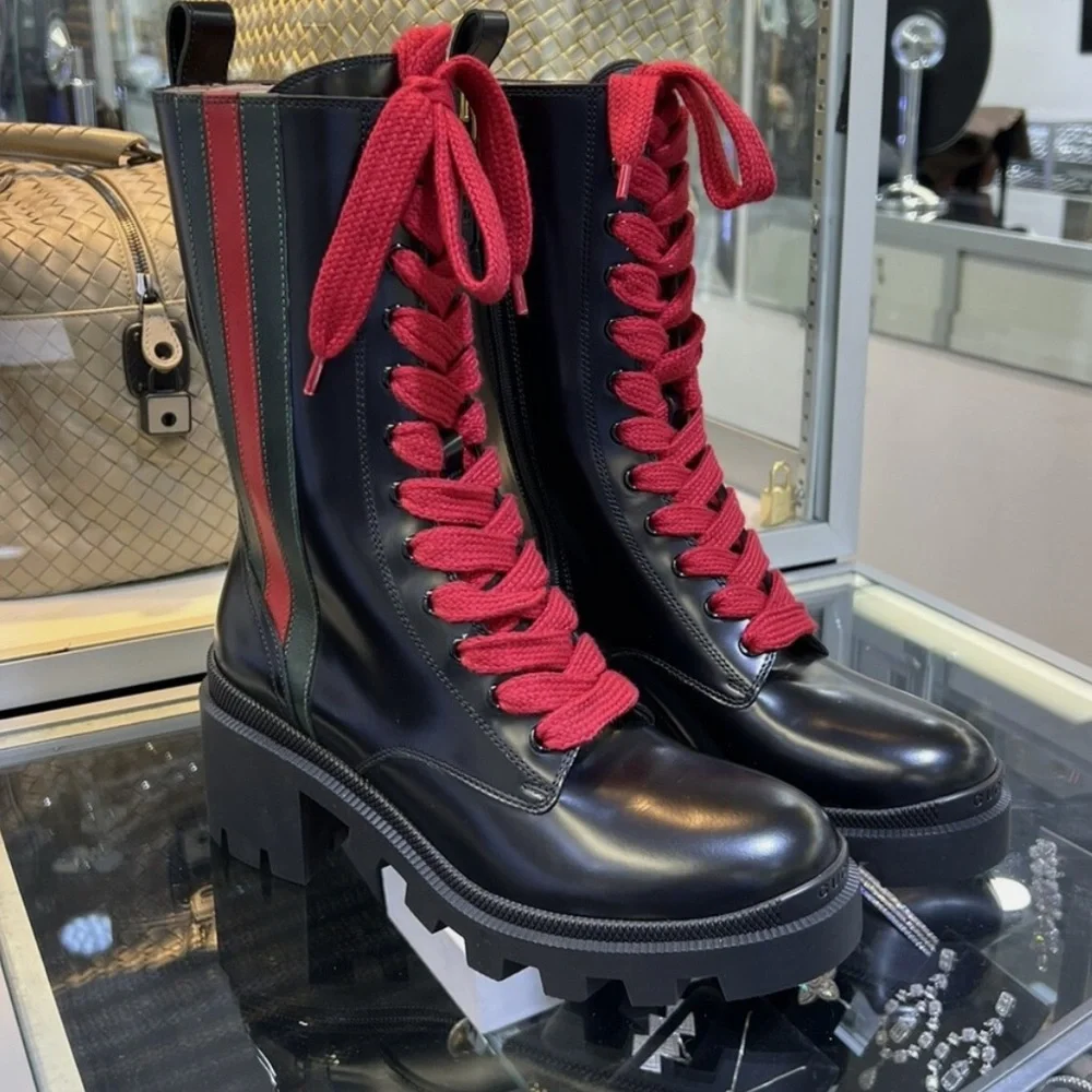 New GUCCI Black Leather Sylvie Web Stripe Lace Up Combat Boots Size 36.5 - Picture 4 of 13